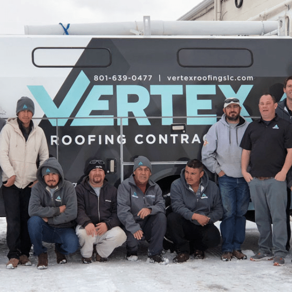 Vertex Roofing team and service truck in Salt Lake City